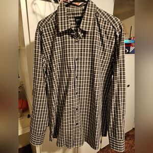 Hugo Boss Button Up Long Sleeve Dress Shirt Brown/Gray/White Plaid Stripes XL